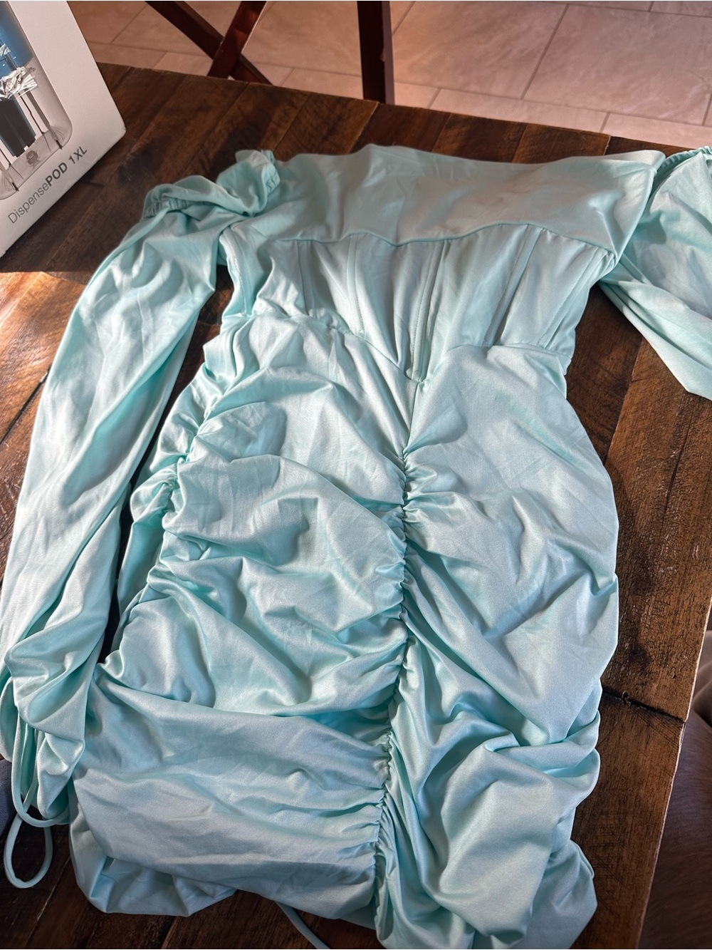Lucy in the Sky Mint light blue straps back Ruched Mini Dress
